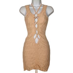 PRETTYLITTLETHING Tan Brown Lace Up Sleeveless Texture Bodycon Mini Dress 2 NWT